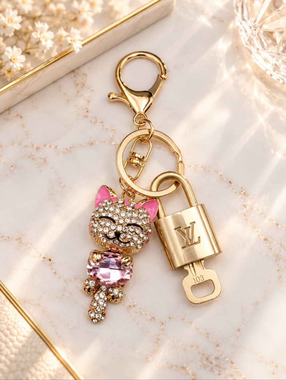 Authentic LV Gold Padlock & Key 🔑 Designer Bag Charm w/ Unbranded Cat Keychain